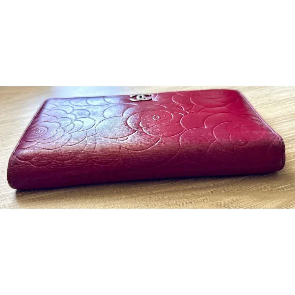Authentic Chanel Camellia Bifold Long Wallet Lambskin Leather Pink/Red